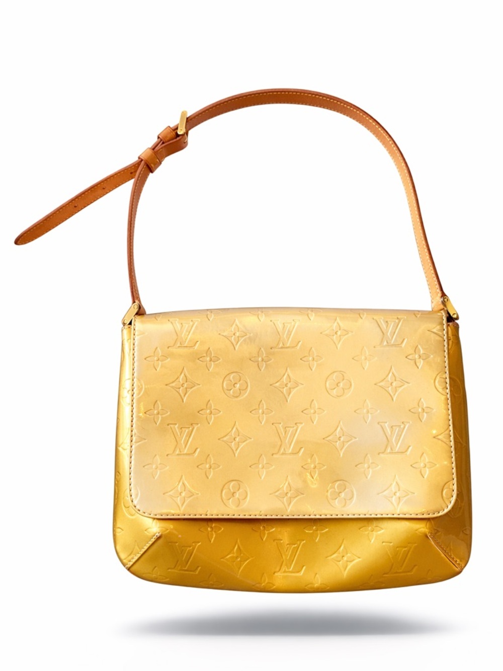 Authentic! Louis Vuitton Golden Monogram Vernis Shoulder Bag with Tan Strap